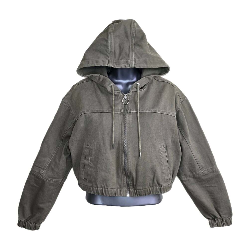 Stoosh Vintage Denim Olive Green Cropped Zip-Up Hooded Jacket Size L